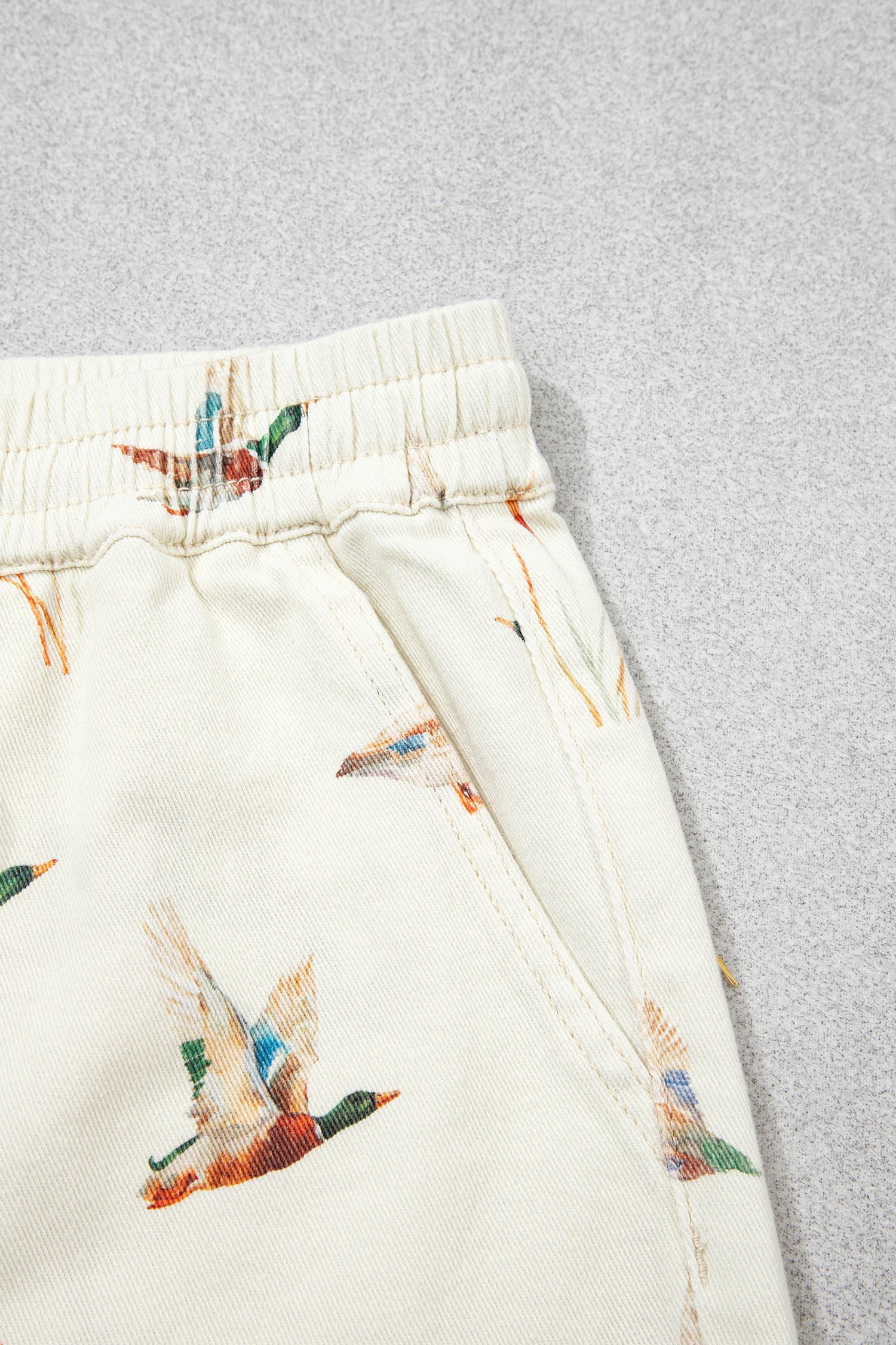 Beige Wild Duck Mallard Printed Drawstring Denim Shorts