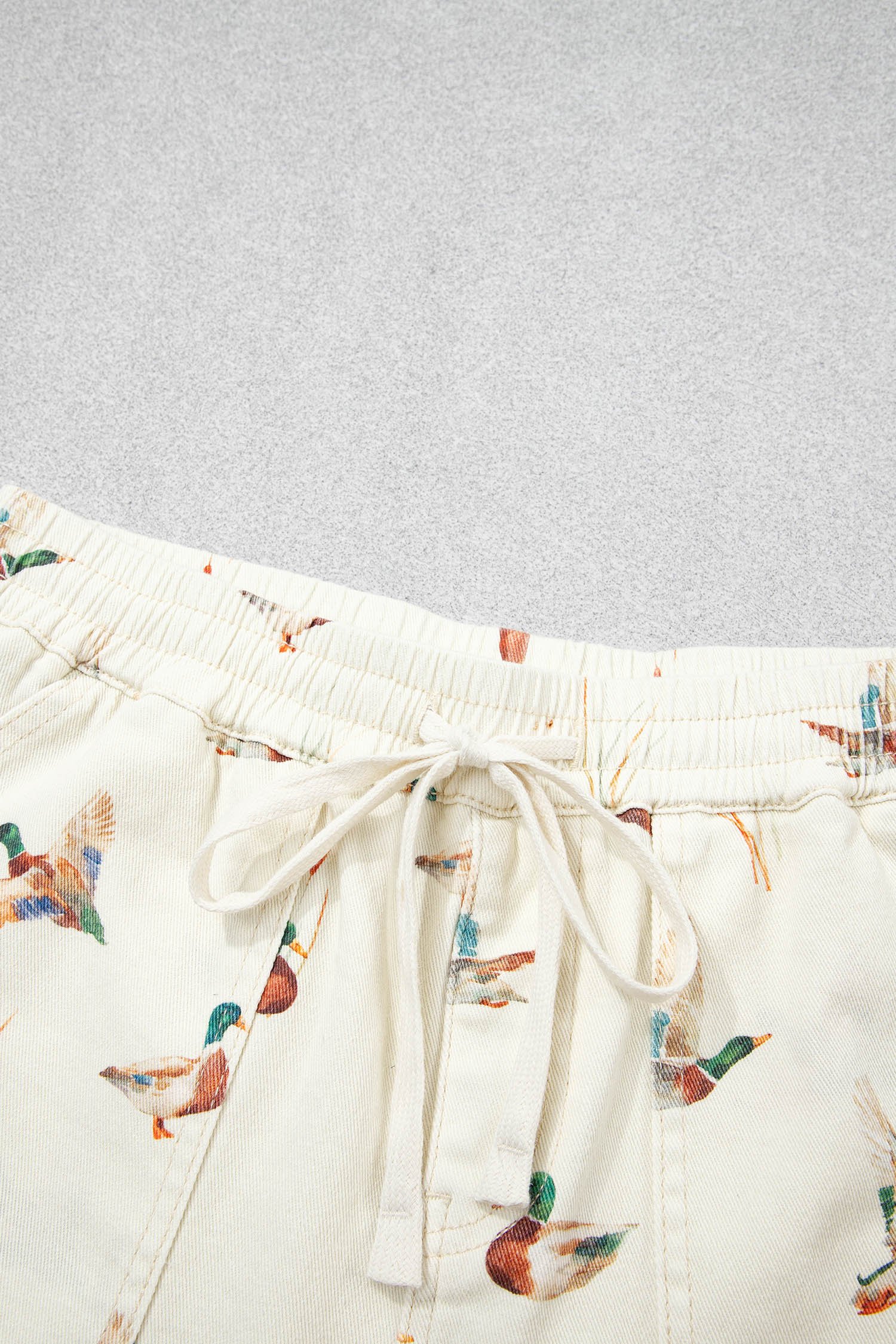 Beige Wild Duck Mallard Printed Drawstring Denim Shorts