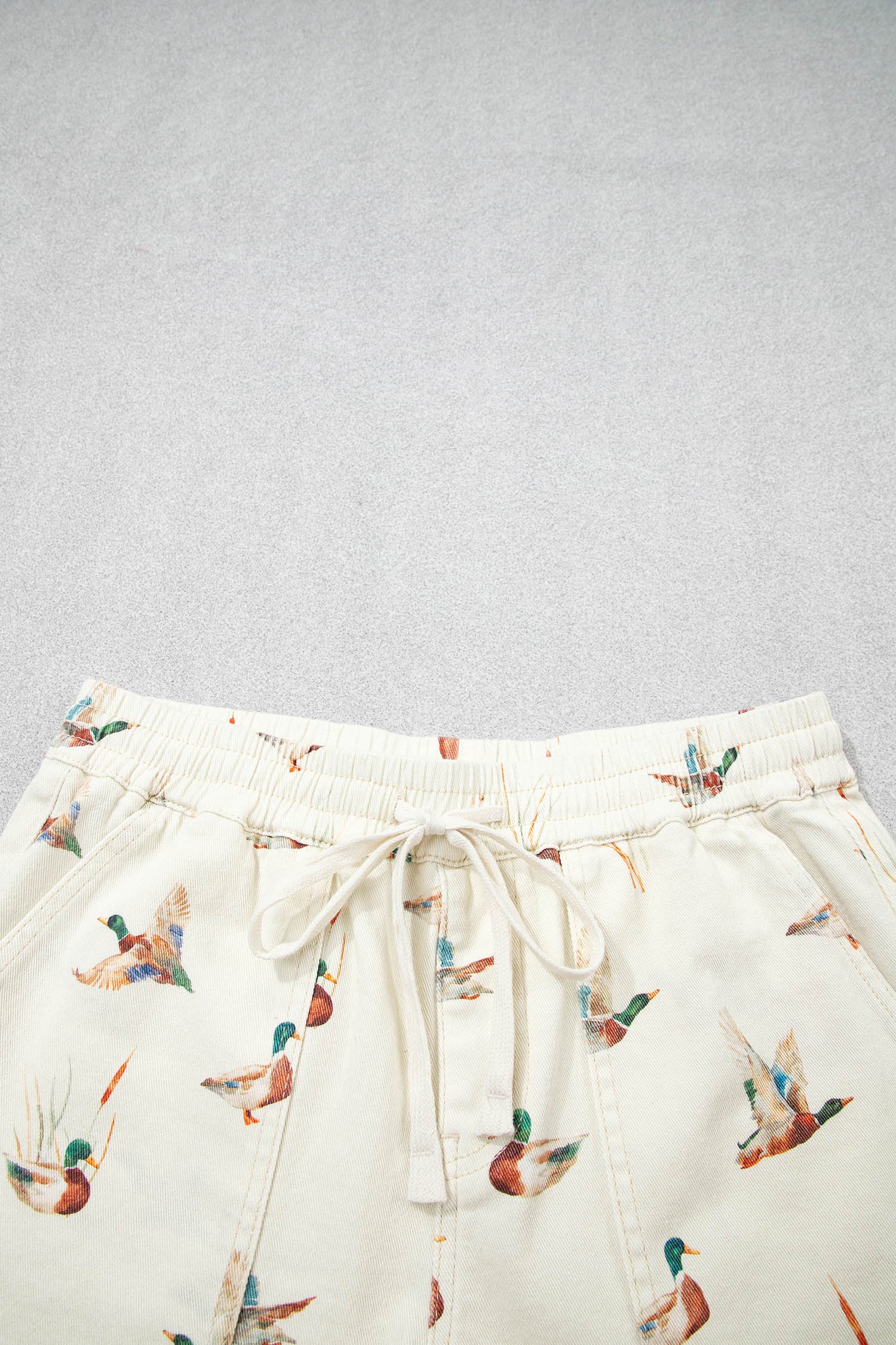 Beige Wild Duck Mallard Printed Drawstring Denim Shorts