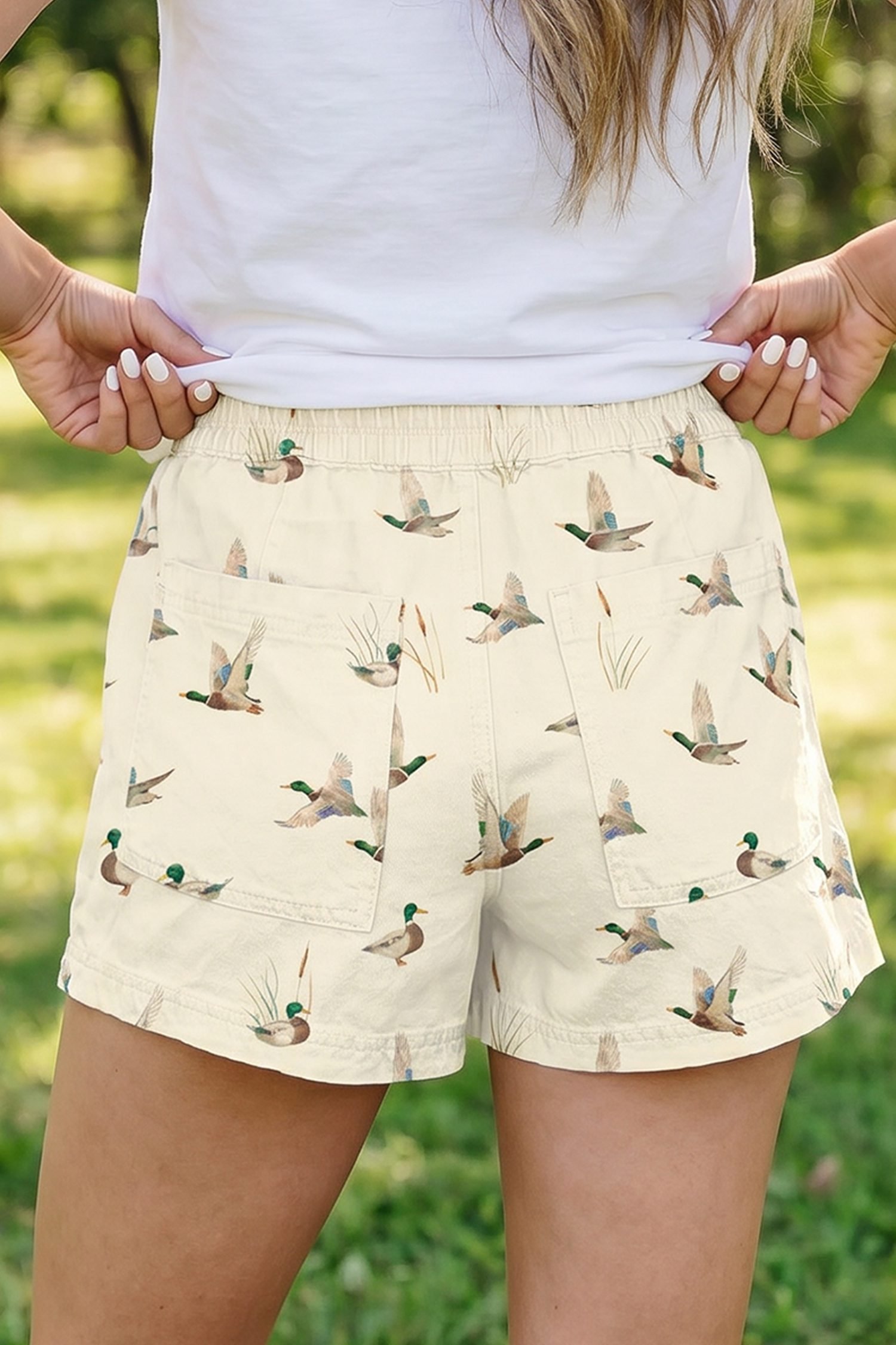 Beige Wild Duck Mallard Printed Drawstring Denim Shorts