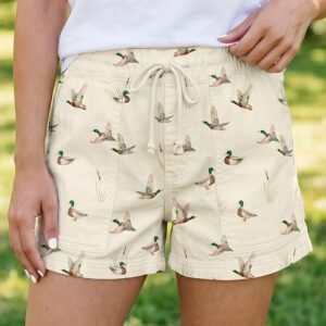 Beige Wild Duck Mallard Printed Drawstring Denim Shorts