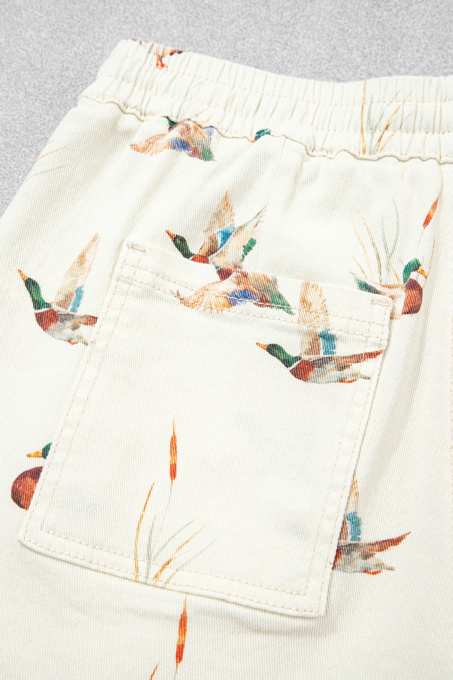 Beige Wild Duck Mallard Printed Drawstring Denim Shorts