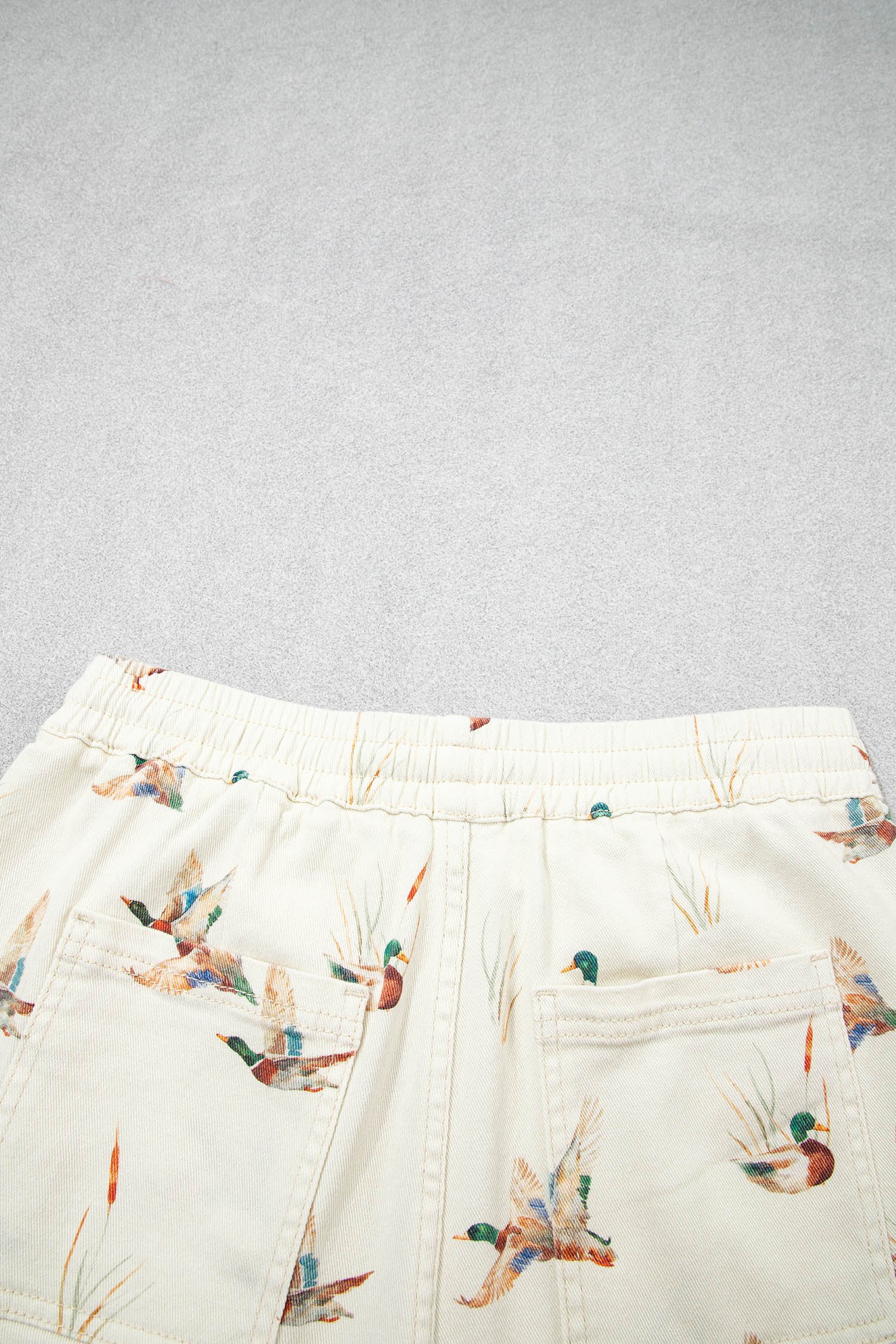 Beige Wild Duck Mallard Printed Drawstring Denim Shorts