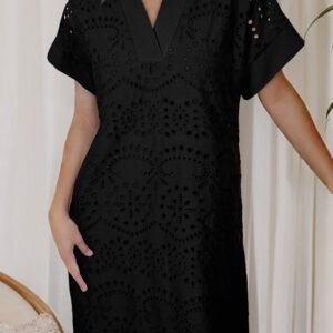 Black Solid Color Eyelet Embroidered T Shirt Mini Dress