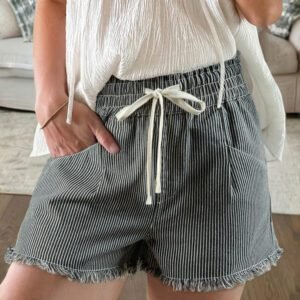 Black Stripe Raw Edge Drawstring Elastic Waist Casual Denim Shorts