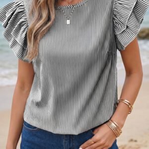 Black Stripe Striped Ruffle Sleeve Short Sleeve Round Neck Casual Shift Blouse