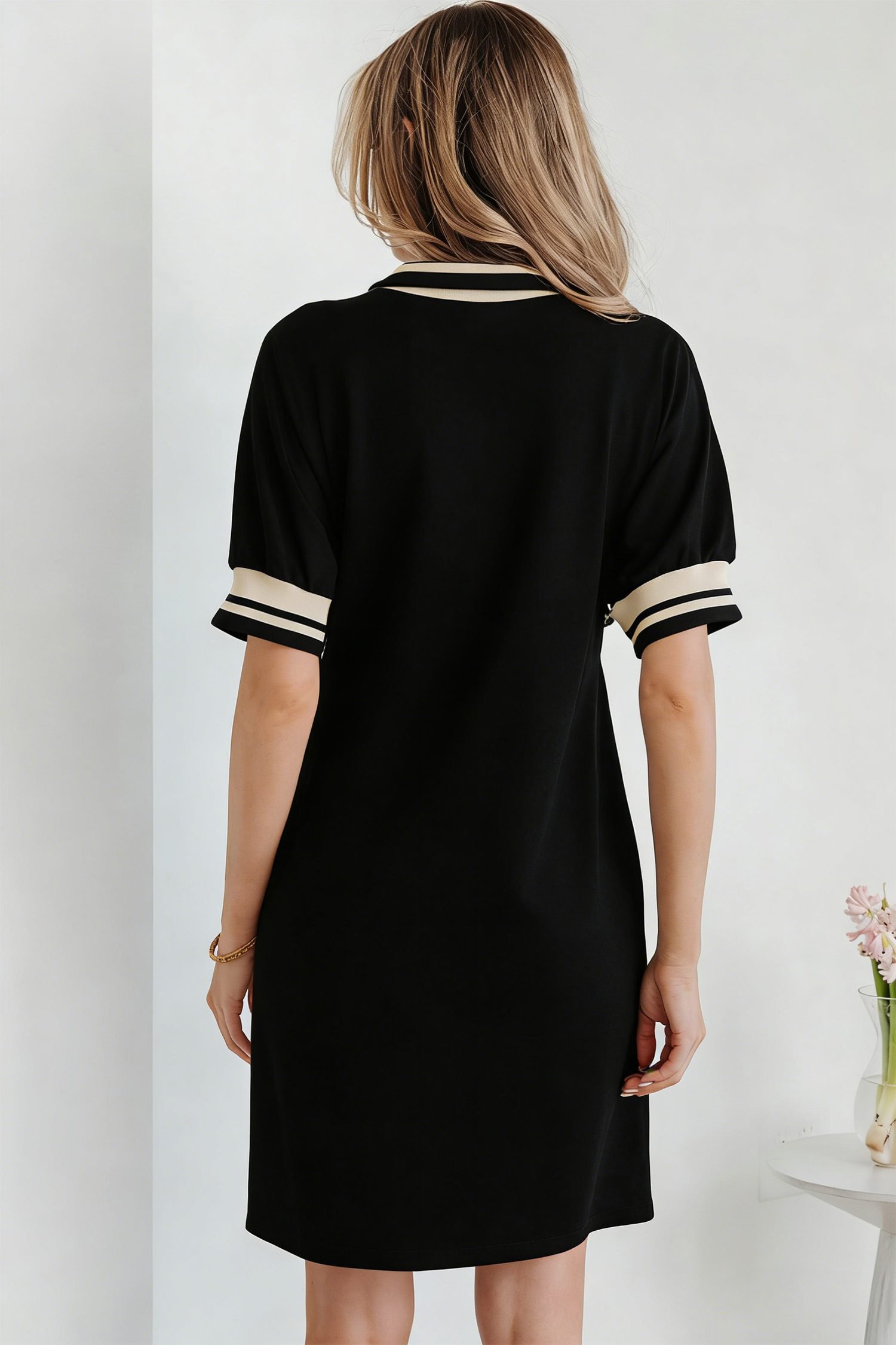 Black Striped Webbing Trim Preppy Polo Tee Dress