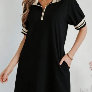 Black Striped Webbing Trim Preppy Polo Tee Dress