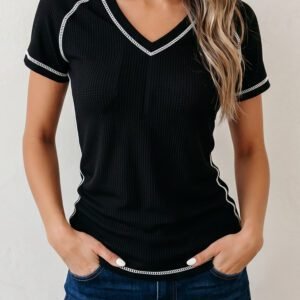 Black Waffle Textured Contrast Trim V Neck Tee