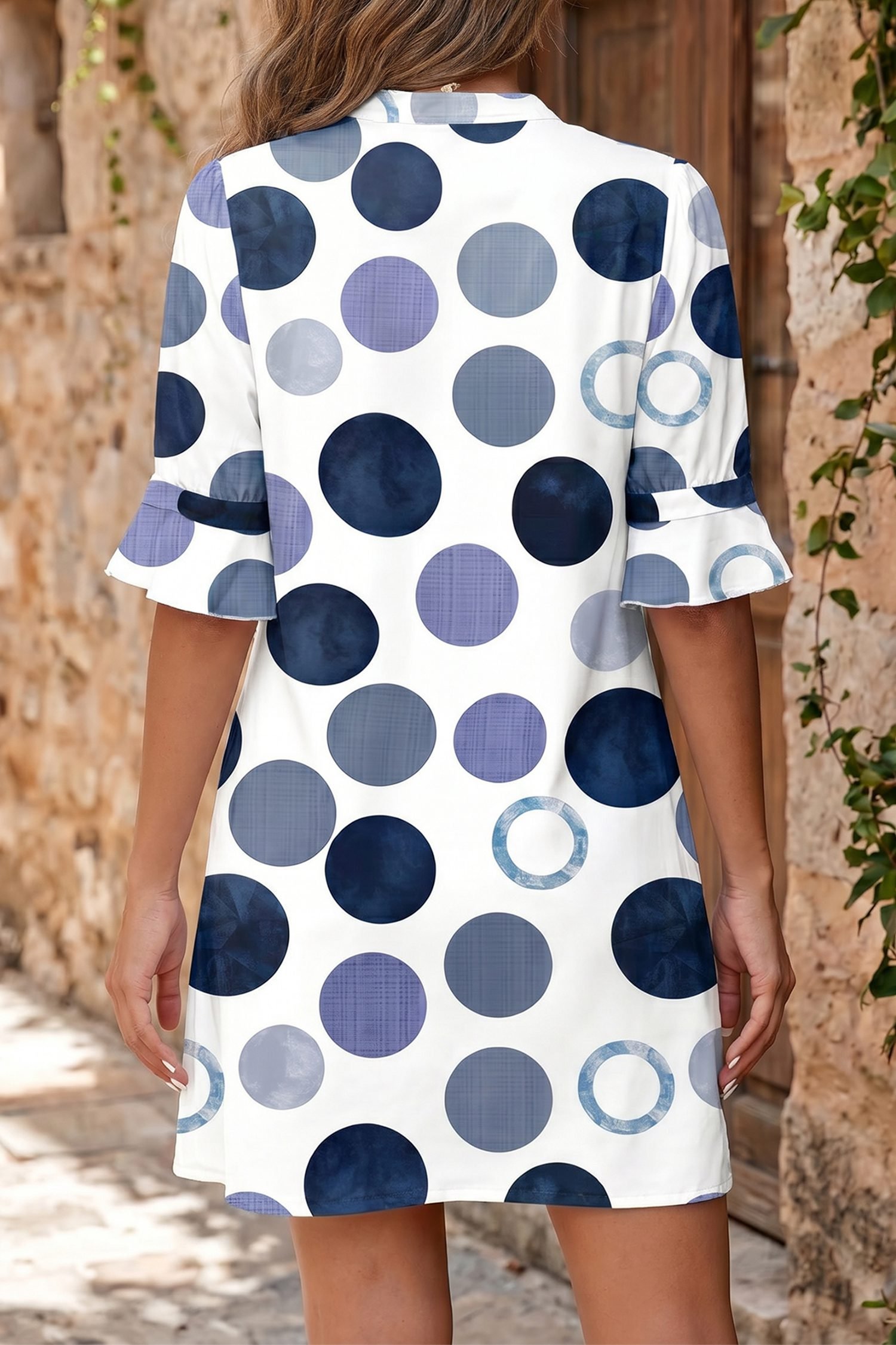 Blue Polka Dot Print Flounced Half Sleeve Casual Vacation Style Mini Dress
