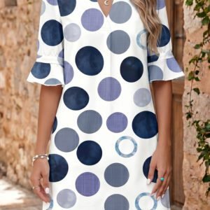 Blue Polka Dot Print Flounced Half Sleeve Casual Vacation Style Mini Dress