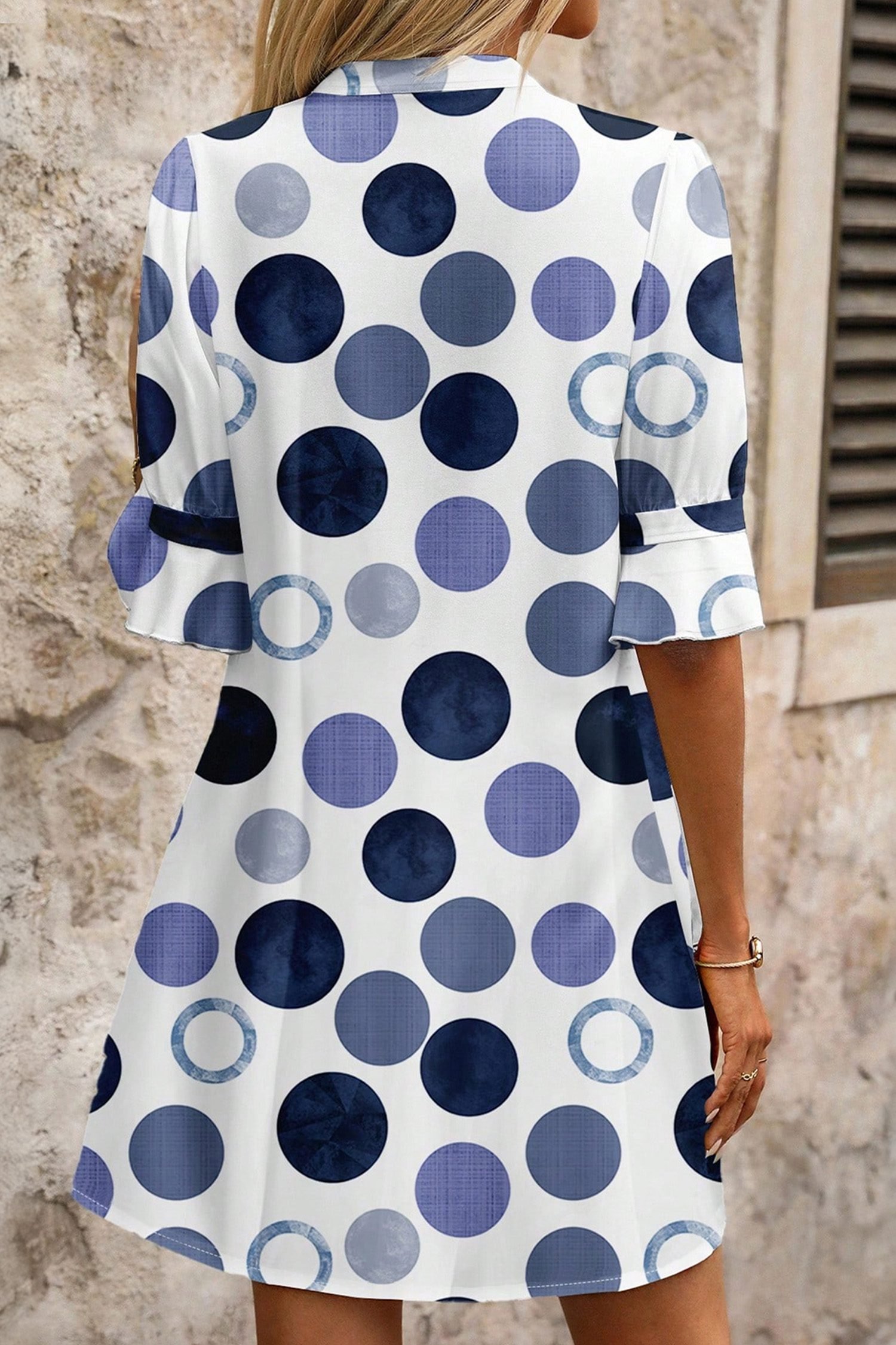 Blue Polka Dot Print Flounced Half Sleeve Casual Vacation Style Mini Dress