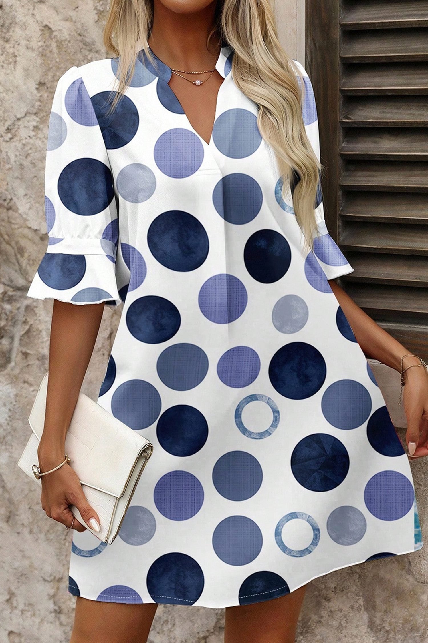 Blue Polka Dot Print Flounced Half Sleeve Casual Vacation Style Mini Dress