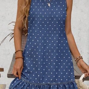 Blue Polka Dot Ruffle Hem Sleeveless Denim Mini Dress