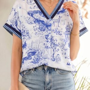 Blue Wild Animal Paradise Striped Trim V Neck Short Sleeve Blouse