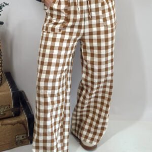 Brown Gingham Plaid Tie Elastic Waist Shift Pants