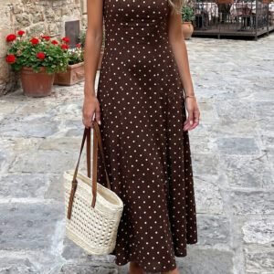 Brown Polka Dot Print Square Neck Sleeveless Vacation Long Dress