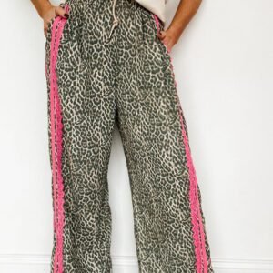 Brown Wild Leopard Print Contrast Lace Striped Detail Drawstring Pants