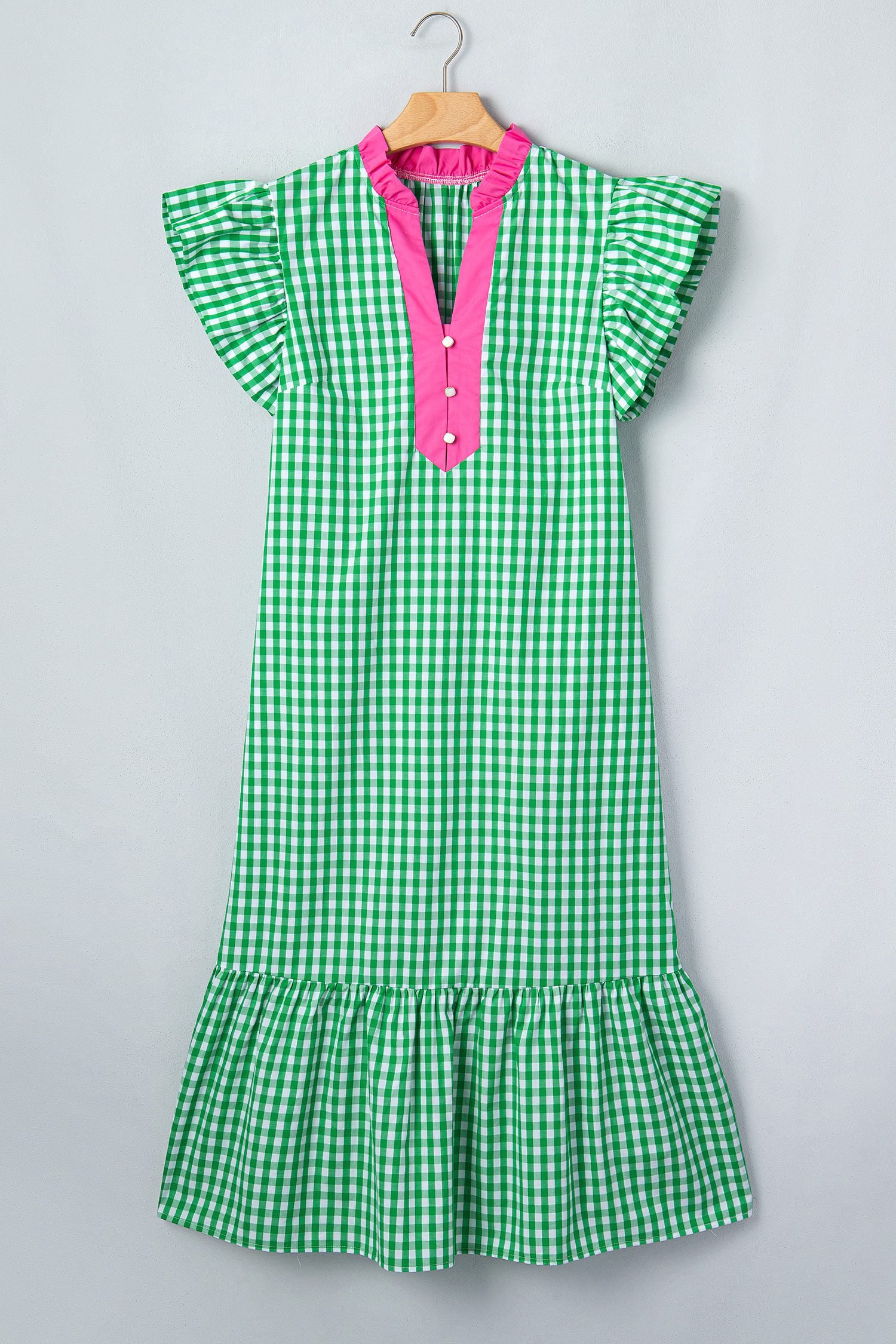 Bright Green Summer Color-Blocked Plaid Pattern Midi Dress - Image 5