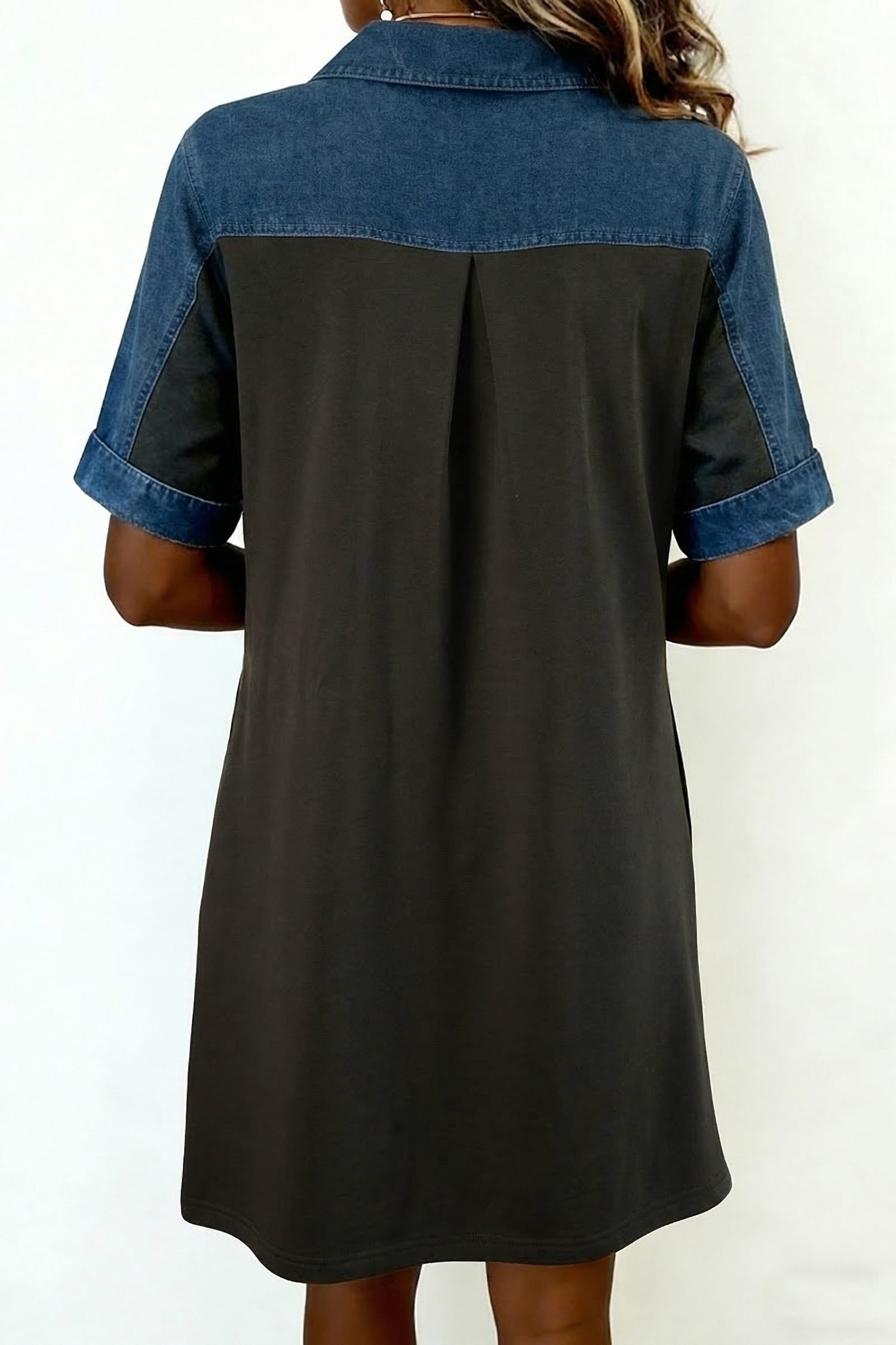 Carbon Grey Color Block Denim Patchwork Polo Collar T Shirt Shift Dress