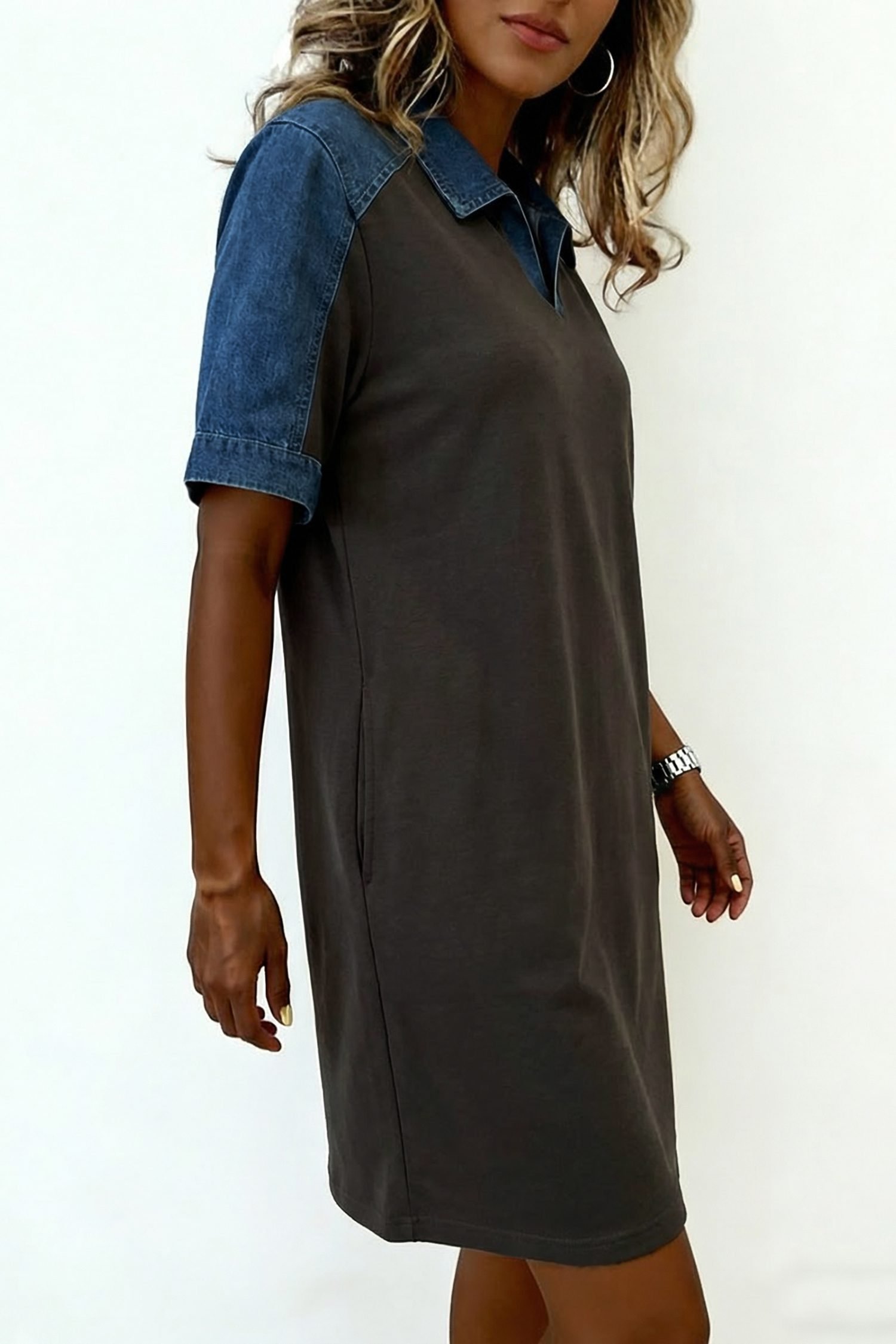 Carbon Grey Color Block Denim Patchwork Polo Collar T Shirt Shift Dress