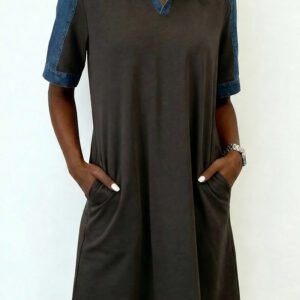 Carbon Grey Color Block Denim Patchwork Polo Collar T Shirt Shift Dress