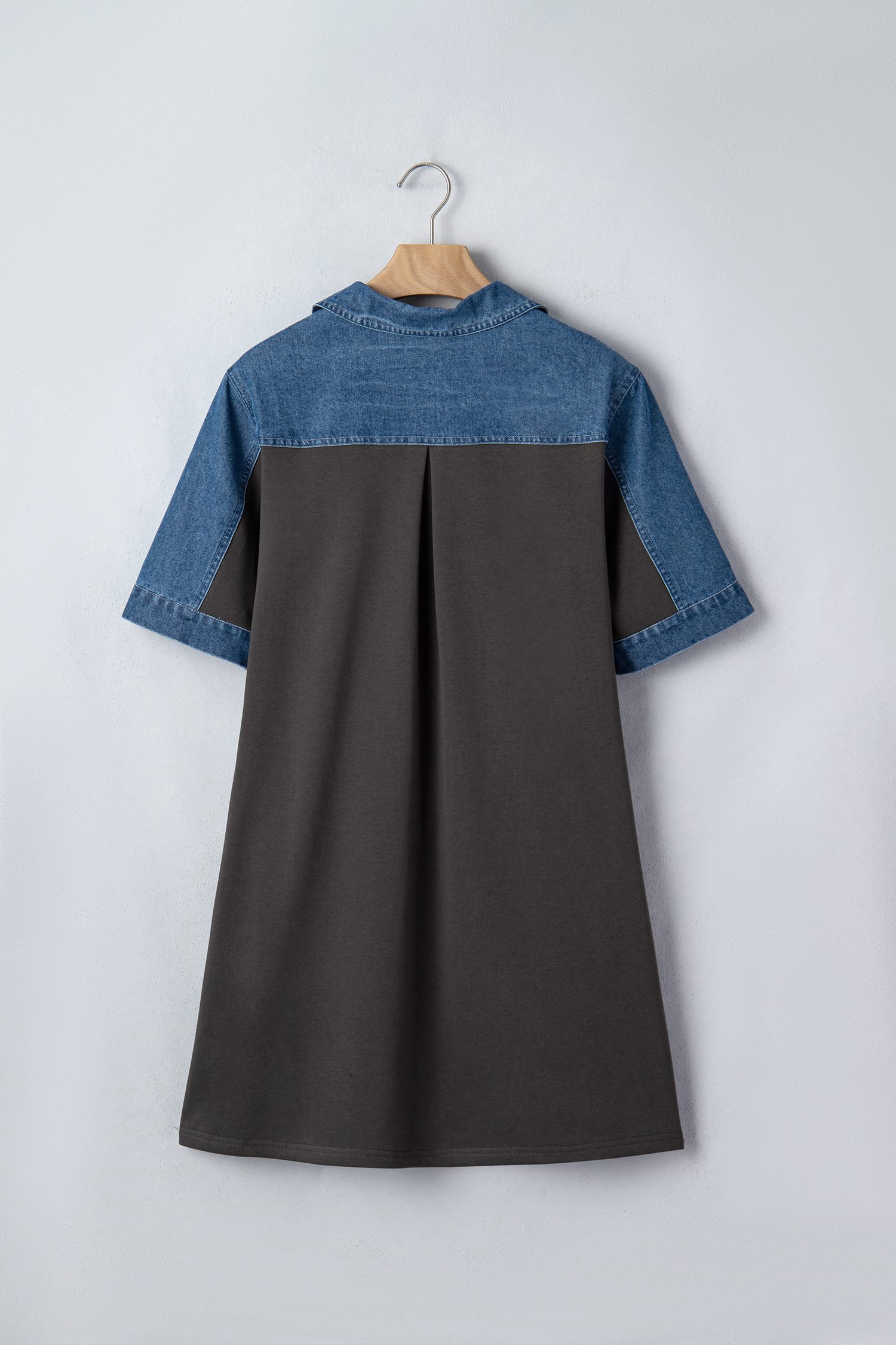 Carbon Grey Color Block Denim Patchwork Polo Collar T Shirt Shift Dress
