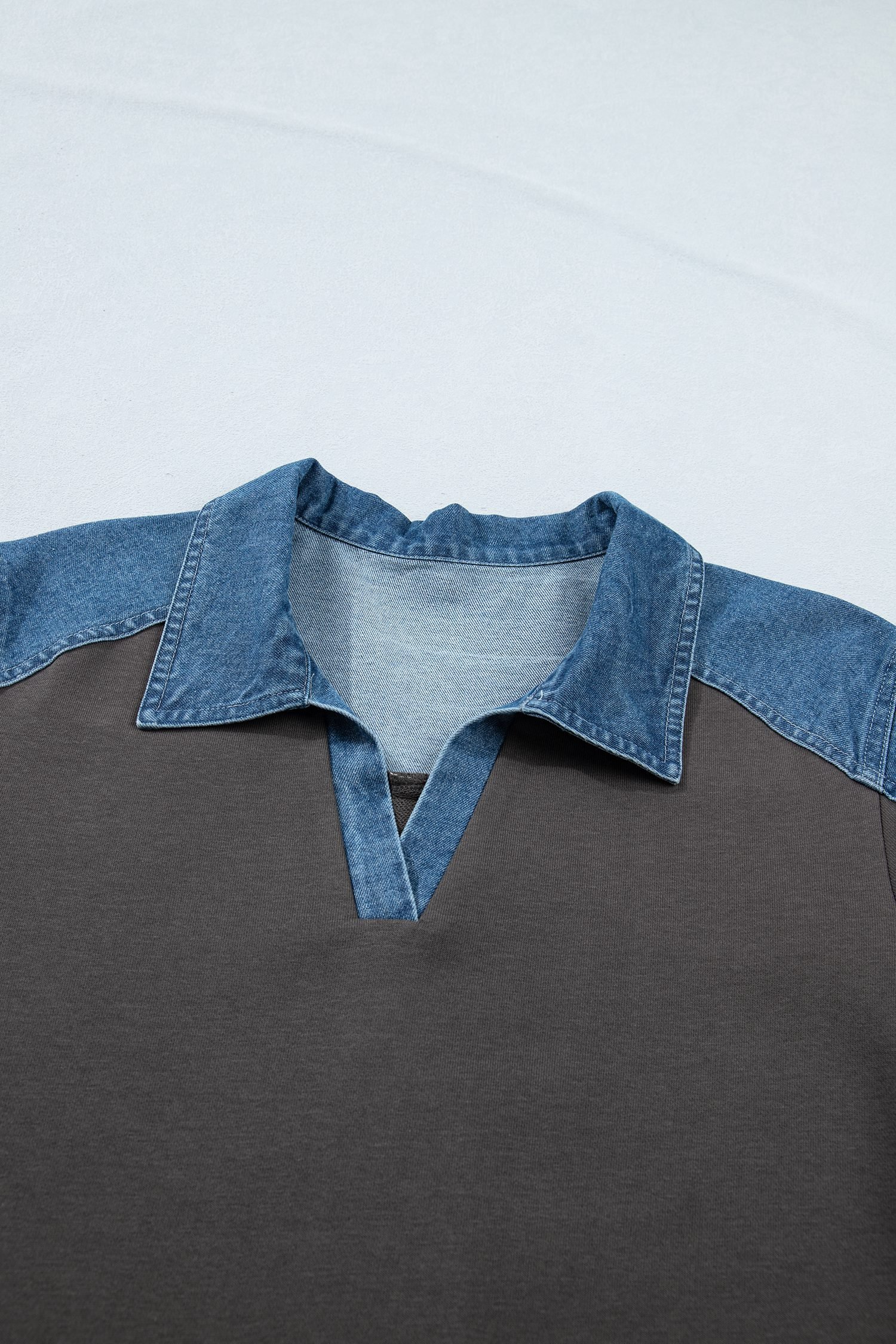 Carbon Grey Color Block Denim Patchwork Polo Collar T Shirt Shift Dress