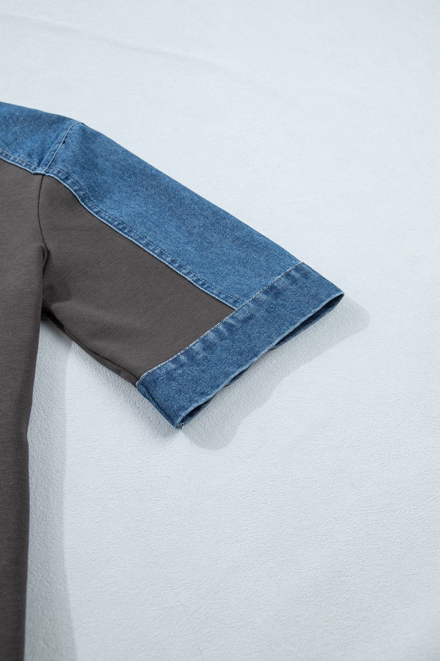 Carbon Grey Color Block Denim Patchwork Polo Collar T Shirt Shift Dress