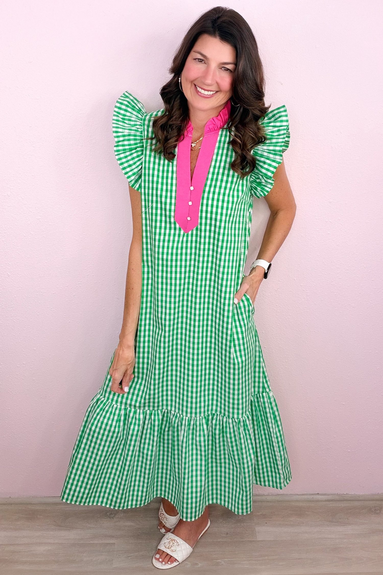 Bright Green Summer Color-Blocked Plaid Pattern Midi Dress - Image 3