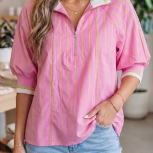 Pink Stripe Striped V-Neck Half Sleeve Zipper Ribbed Cuff Casual Shift Blouse