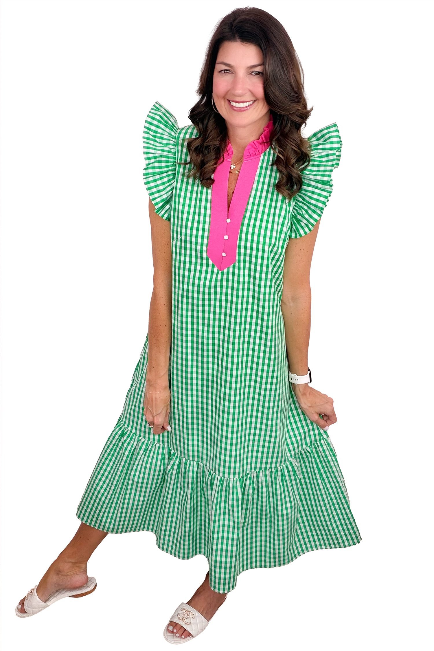 Bright Green Summer Color-Blocked Plaid Pattern Midi Dress - Image 15