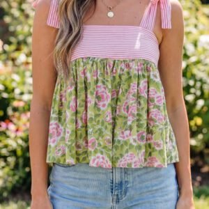 Green Floral Printed Knot Straps Babydoll Tank Top