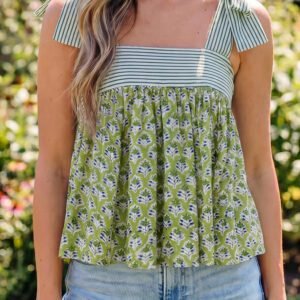 Green Floral Printed Knot Straps Babydoll Tank Top