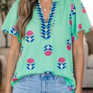 Green Floral V Neck Flutter Sleeve Blouse
