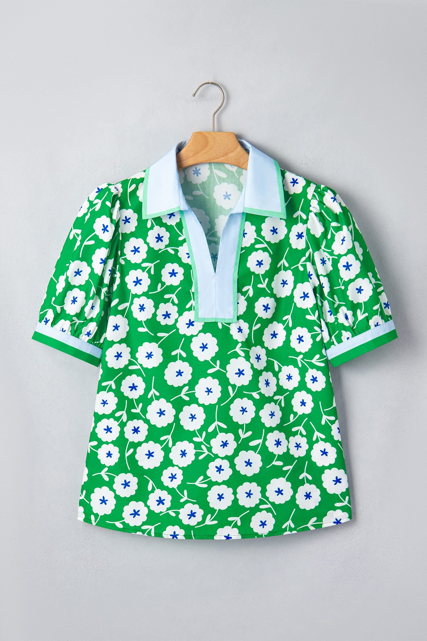 Green Flower Printed Contrast Patchwork Collar Short Sleeve Blouse