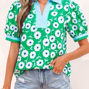 Green Flower Printed Contrast Patchwork Collar Short Sleeve Blouse