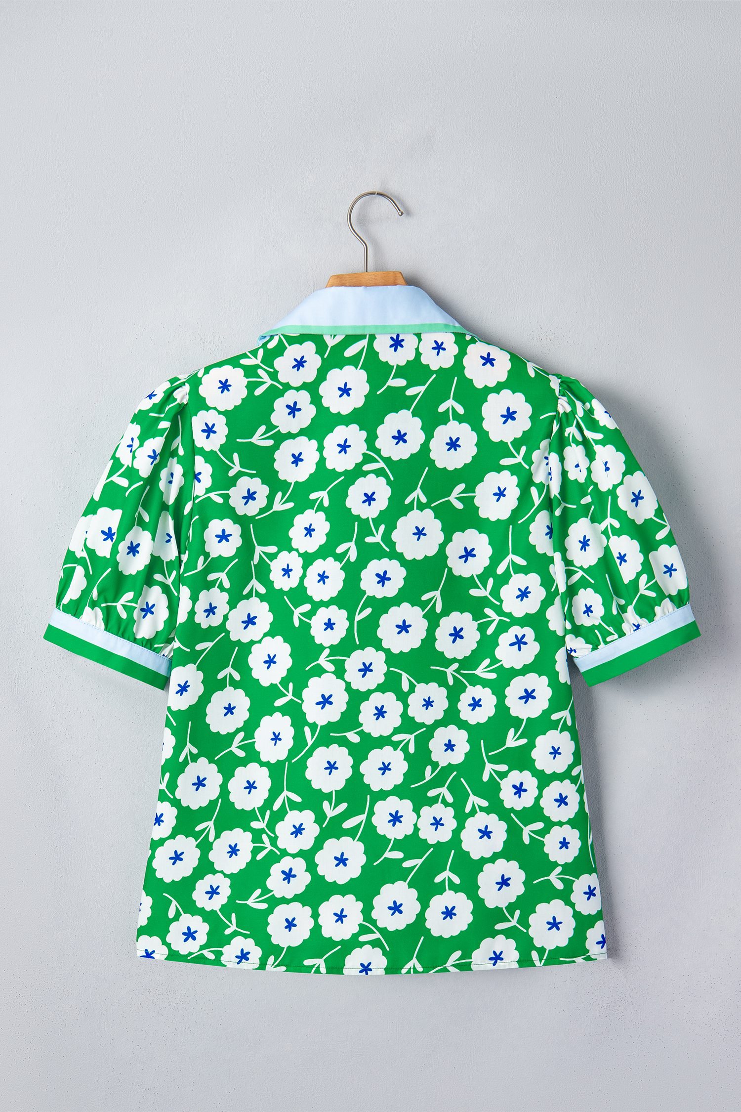 Green Flower Printed Contrast Patchwork Collar Short Sleeve Blouse