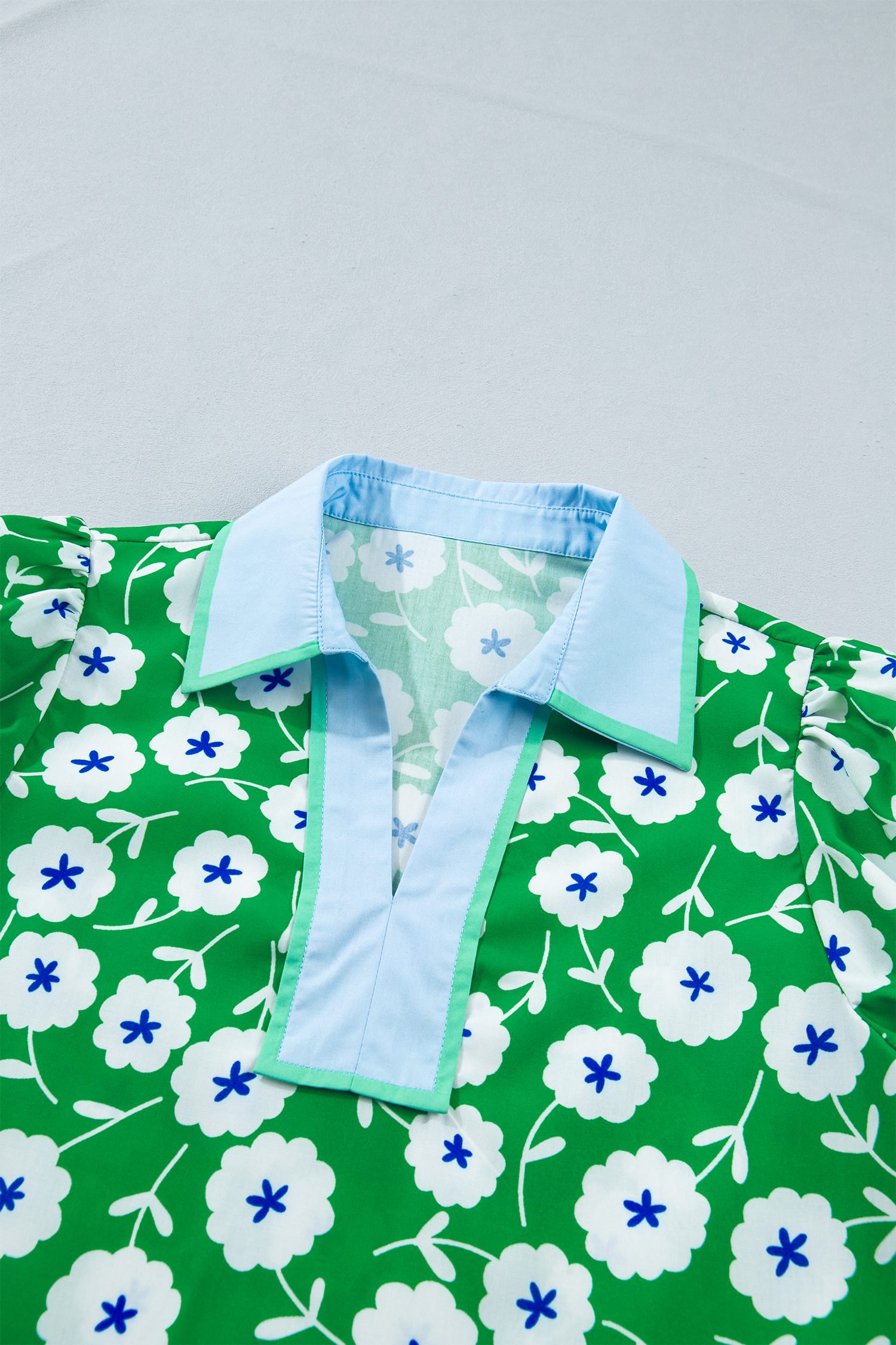 Green Flower Printed Contrast Patchwork Collar Short Sleeve Blouse