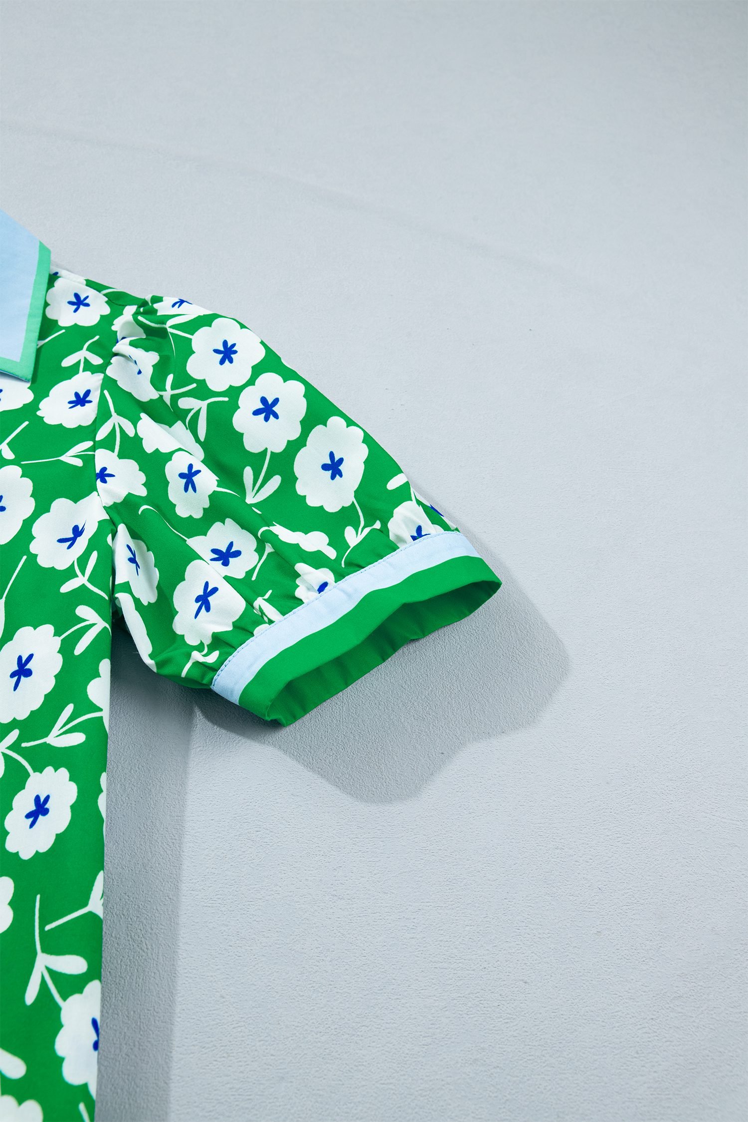 Green Flower Printed Contrast Patchwork Collar Short Sleeve Blouse