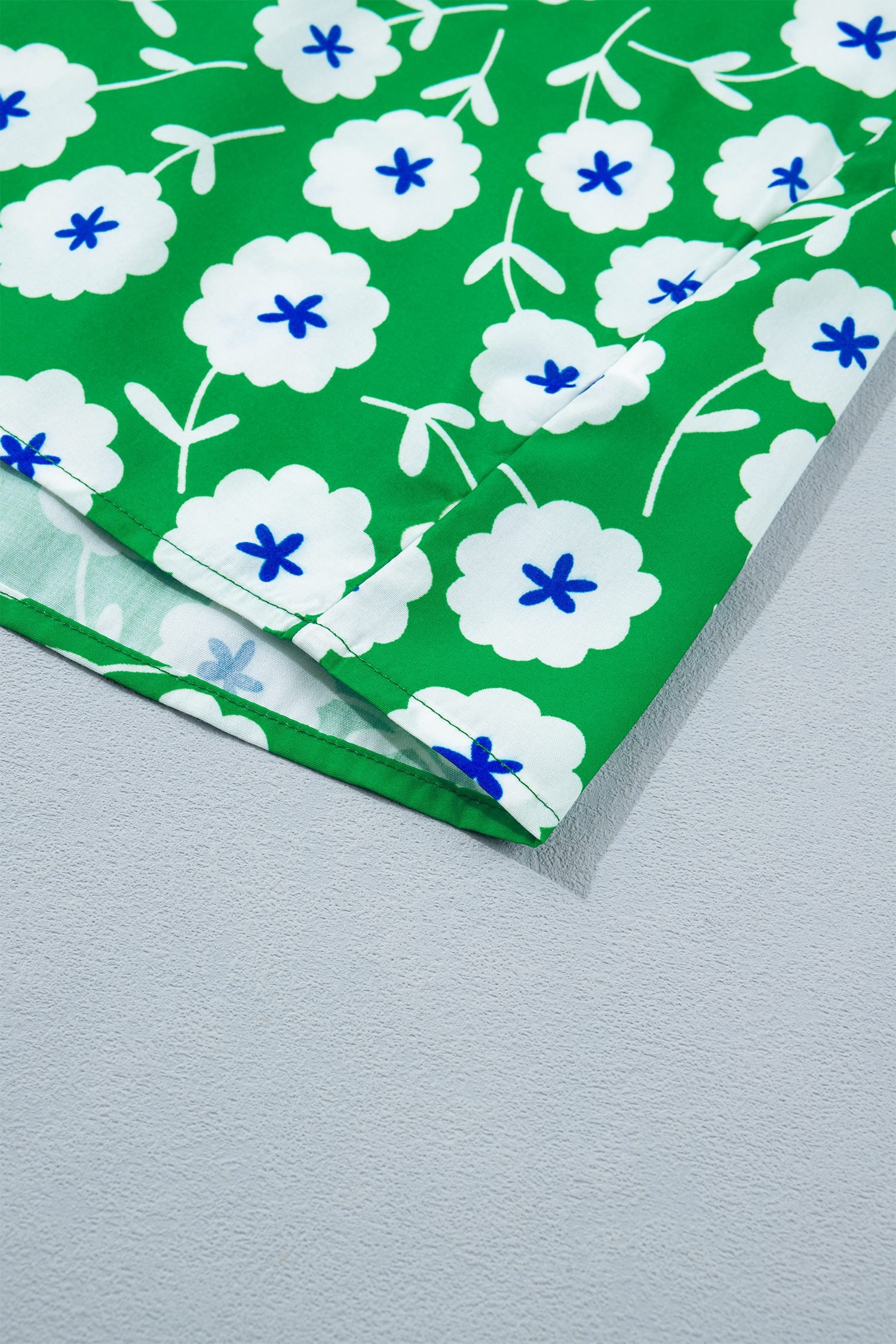 Green Flower Printed Contrast Patchwork Collar Short Sleeve Blouse