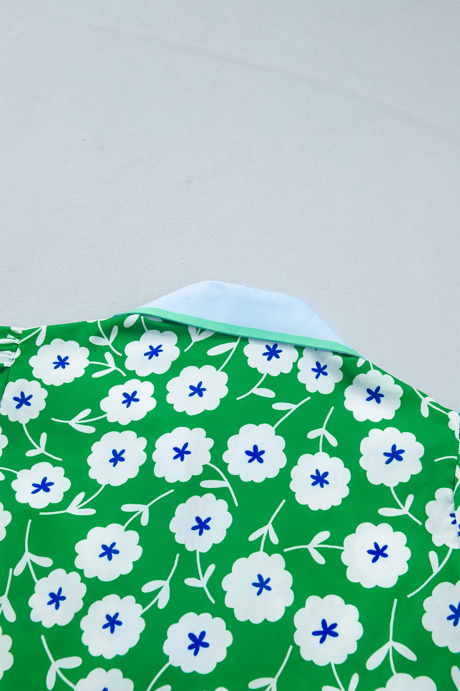 Green Flower Printed Contrast Patchwork Collar Short Sleeve Blouse