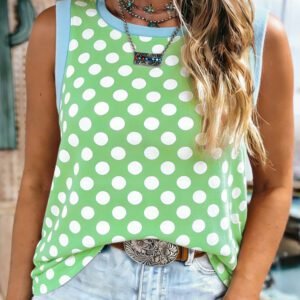 Green Polka Dot Contrast Trim Round Neck Loose Tank Top