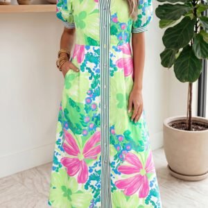 Green Stripe Floral Print Striped Trim Button Down Short Sleeve Vacation Dress