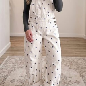 Jet Stream Polka Dot Print Bib Pocket Denim Barrel Overalls Jumpsuit