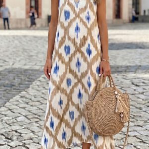 Khaki Boho Abstract Print V Neck Sleeveless Long Dress