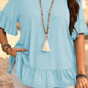 Light Blue Ruffled Short Sleeve Plus Size Casual Blouse