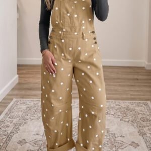 Light French Beige Polka Dot Print Bib Pocket Denim Barrel Overalls Jumpsuit