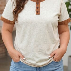 Light Grey Plus Size Distressed Color Block Trim Cotton Henley Tee