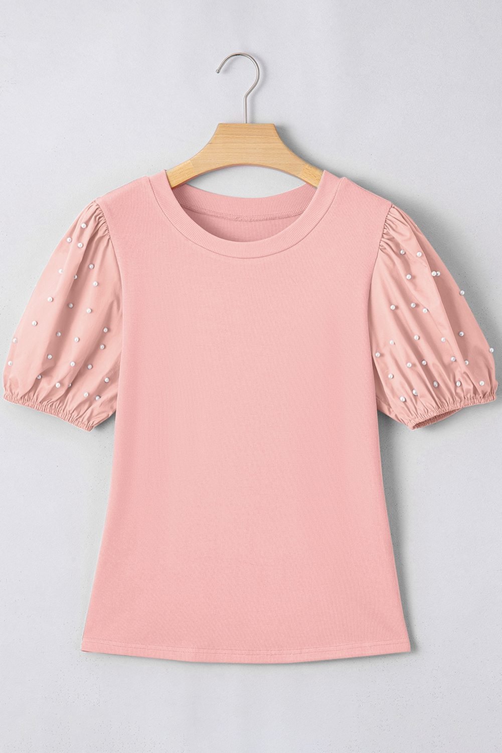 Light Pink Ribbed Pearl Beaded Puff Sleeve Top
